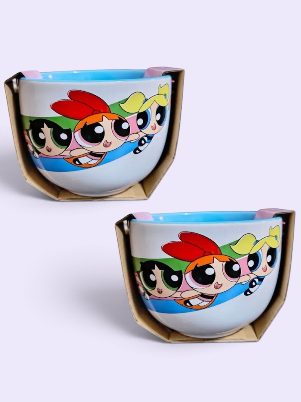 SET OF 2 Powerpuff Girls Ceramic Noodle/Ramen Bowl with Chopsticks